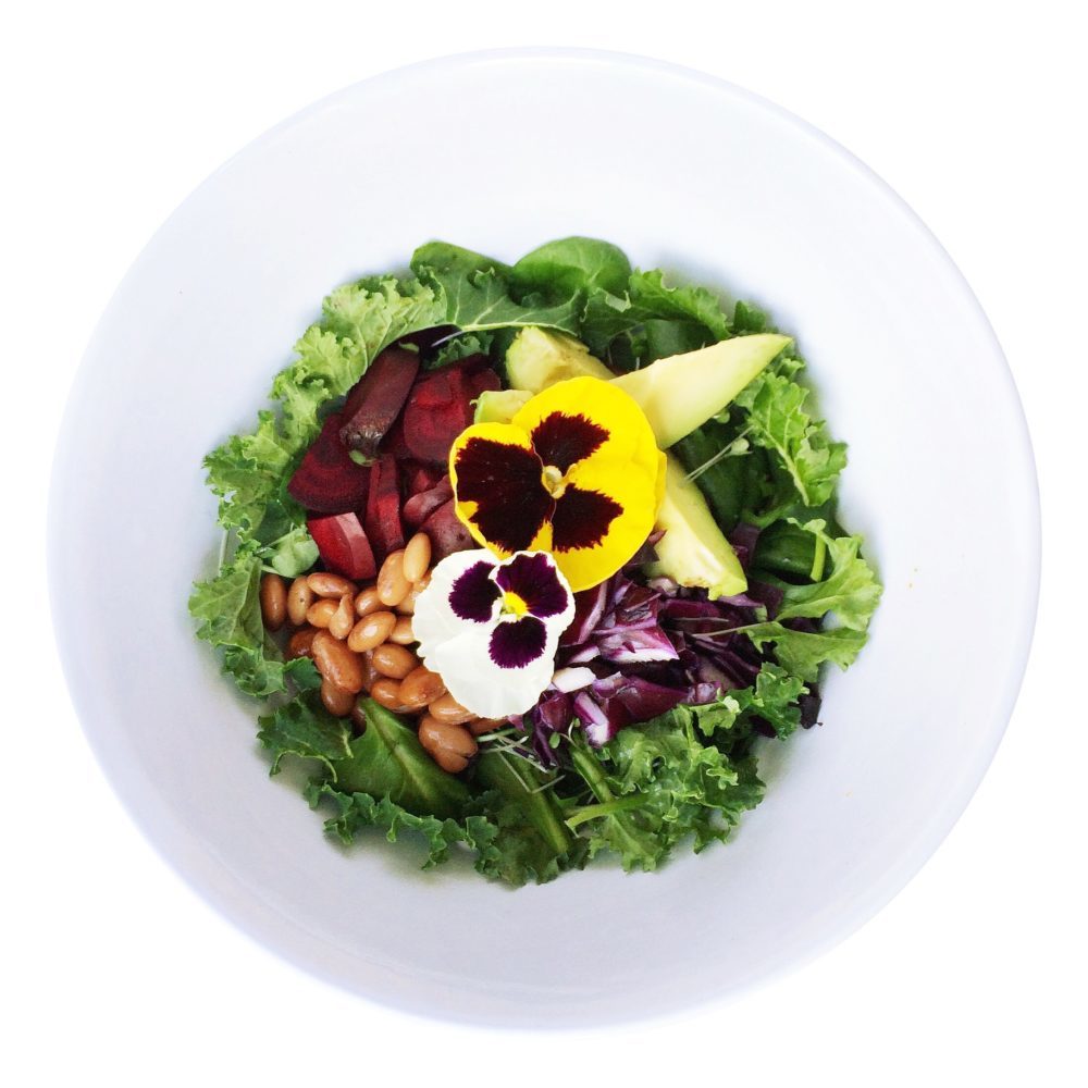 Leafy Greens, Beets, Beans, Avocado, and Edible Flowers